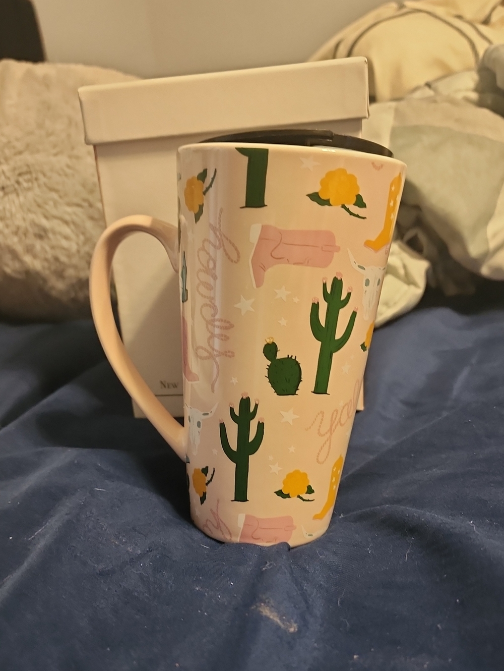 Ceramic Travel Mug with Cactus Print - Pink